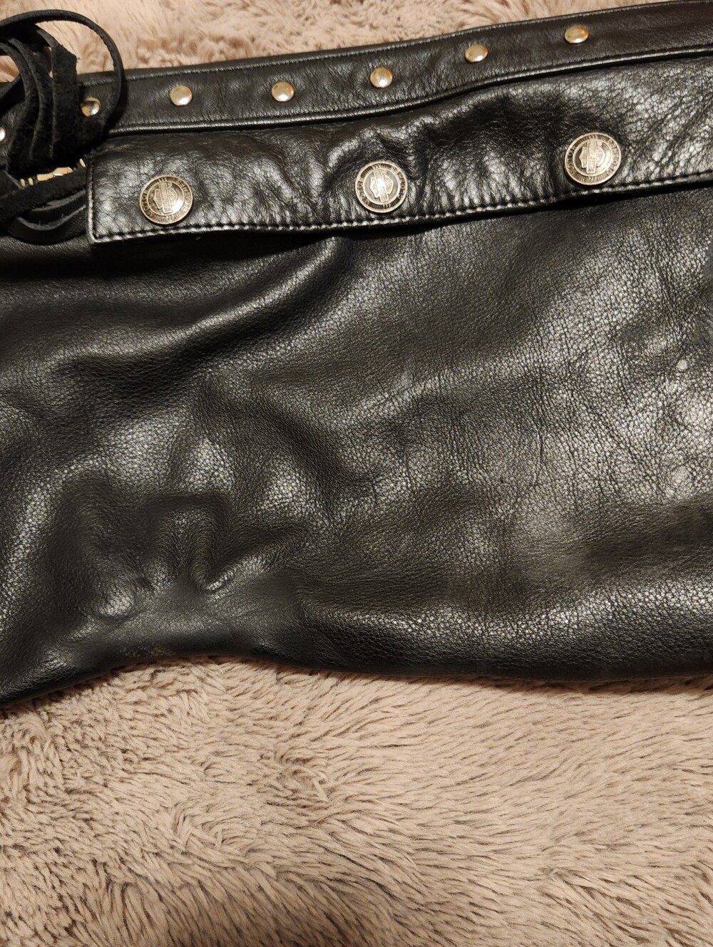 Vintage Mens Black Leather Fringe Motorcycle Chaps with Studs Size Large - Picture 6 of 6